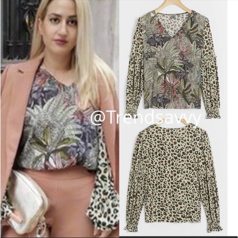 Anthropologie Bl-nk Animal Print Blouse Jungle Boho Top Grey Black XS NWT
